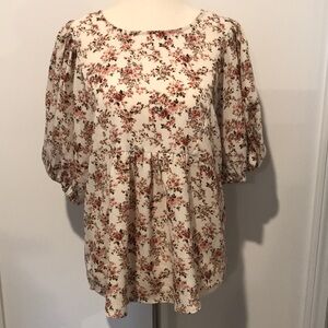 Floral Puff Sleeve Babydoll Top - Cream and Pink